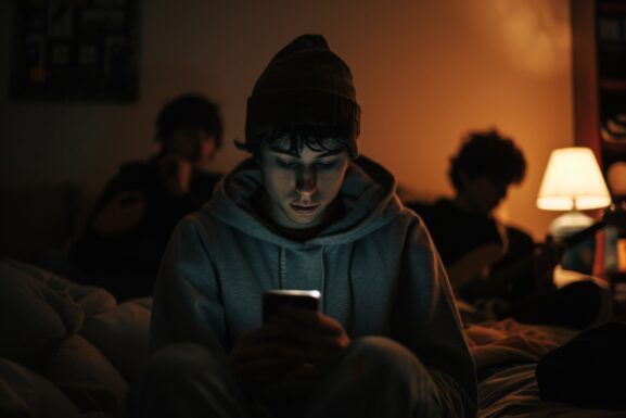 Person in a dark room illuminated by their phone, showing symptoms of digital burnout, loneliness, and digital overload.